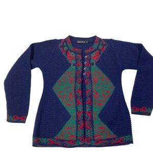 Wool Park Blue Cardigan Sweater M Knit Bohemian Rhinestone Red Green VTG Buttons